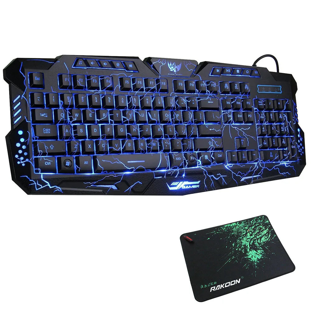 Gaming Keyboard Mechanical Computer Keyboard USB Wired LED 3 Color Red/Blue/Purple Backlit Gamer Lighted Keyboard With MousePad