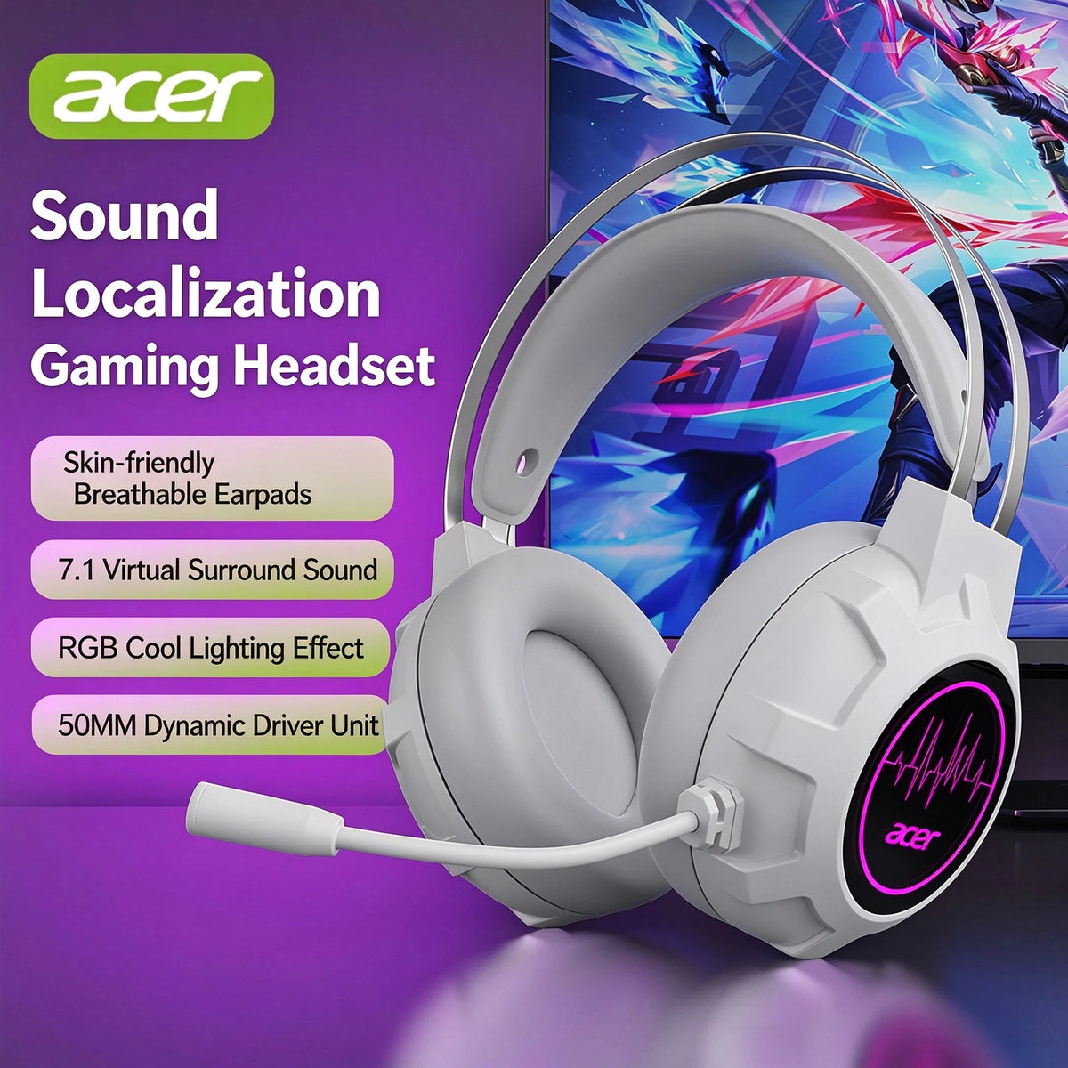 Acer 203 Wired Gaming Headset with USB Interface, Over-Ear Headphones for PC, Laptop, Desktop, Online Classes, E-Sports & Music