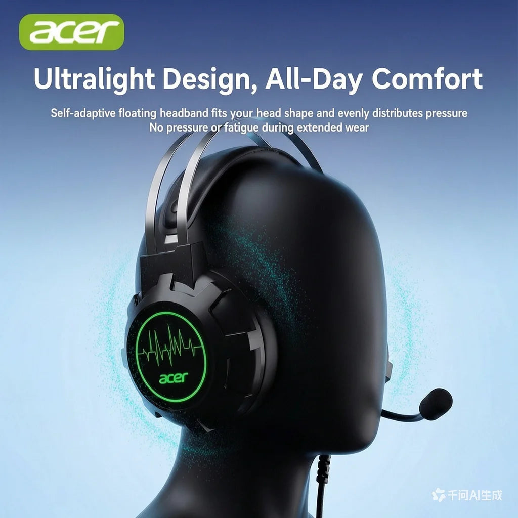 Acer 203 Wired Gaming Headset with USB Interface, Over-Ear Headphones for PC, Laptop, Desktop, Online Classes, E-Sports & Music