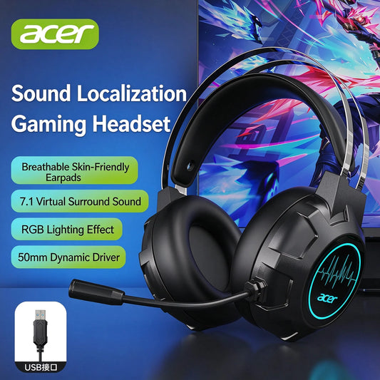 Acer 203 Wired Gaming Headset with USB Interface, Over-Ear Headphones for PC, Laptop, Desktop, Online Classes, E-Sports & Music