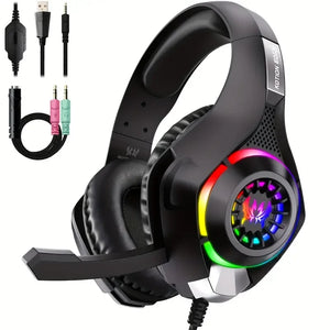 Gaming Headset for PC, PS4, PS5, Gaming Headphones with Noise Cancelling Mic RGB Light, Bass Surround, Soft Memory Earmuffs Over