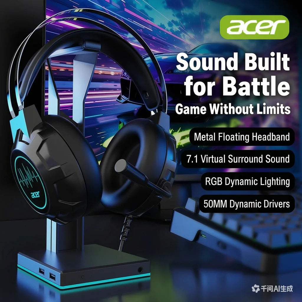 Acer 203 Wired Gaming Headset with USB Interface, Over-Ear Headphones for PC, Laptop, Desktop, Online Classes, E-Sports & Music